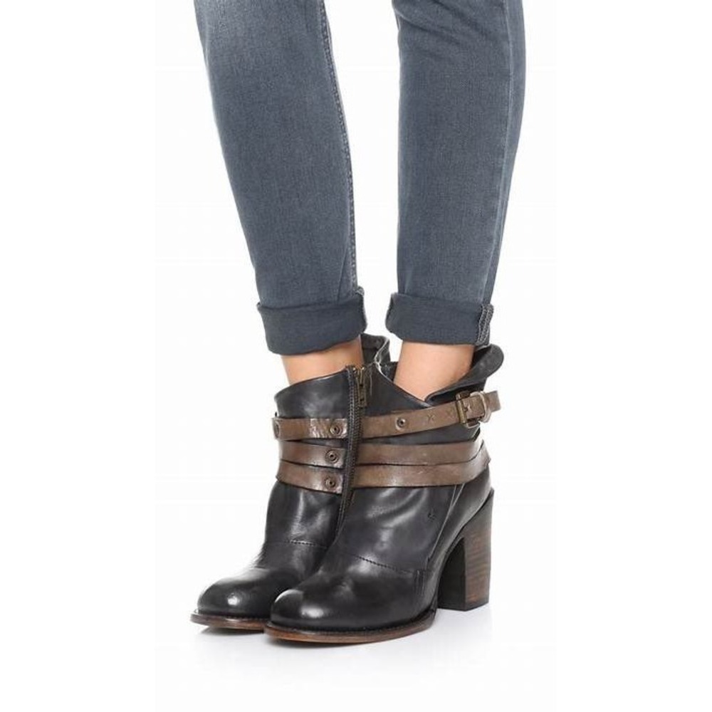 freebird Black Leather Ankle Boots with Brown Straps
